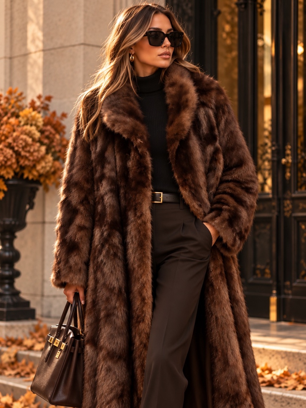 Luxurious Brown Real Fur Long Coat for Women